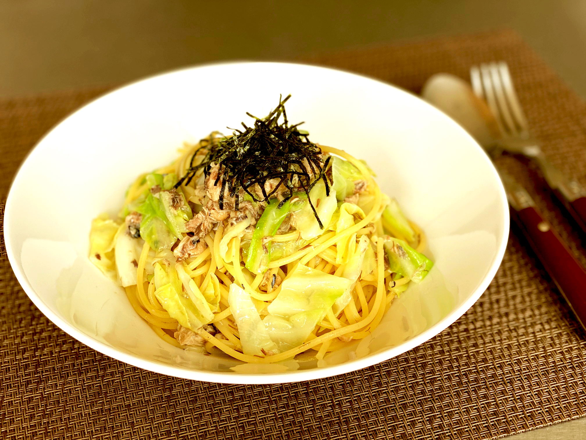 上高地みそ からし酢みそレシピ さば缶とキャベツの和風パスタ